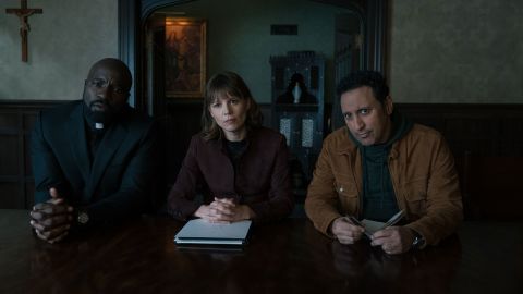 Mike Colter as David Acosta, Katja Herbers as Kristen Bouchard and Aasif Mandvi as Ben Shakir in "Evil," streaming on Paramount+.
