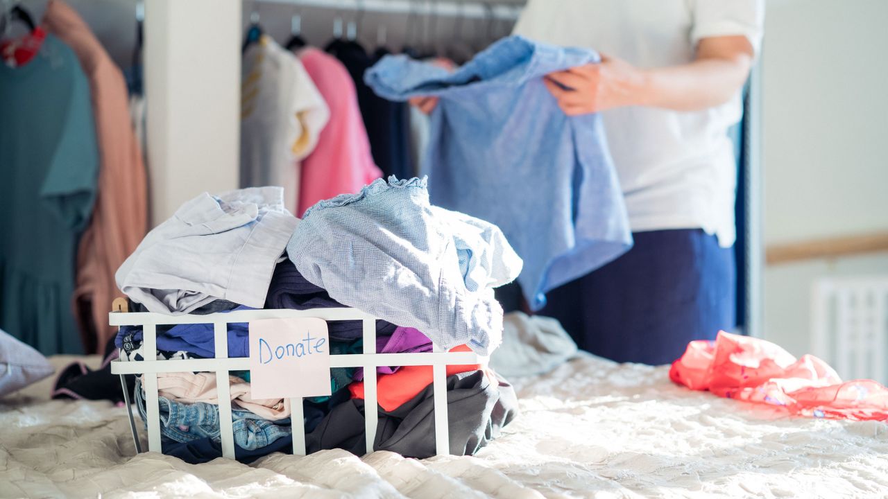 When cleaning your closet, donate clothes you likely won't wear again but are still in decent shape. 