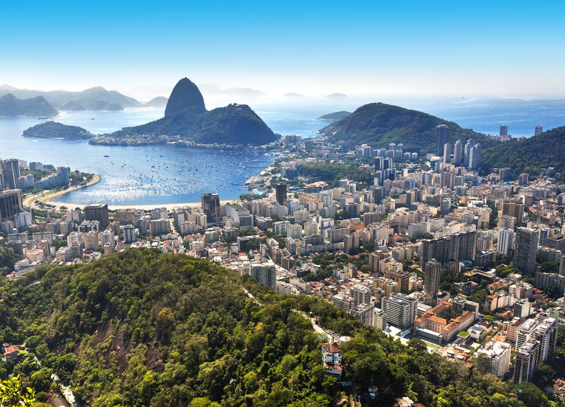 A panoramic view of Rio de Janeiro with Sugarloaf and Guanabara Bay in summer is seen from Mirante Dona Marta. Brazil is still at Level 3 for Covid-19 risk.