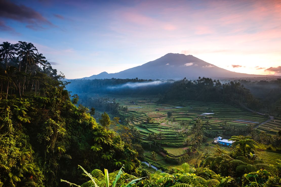 Mount Agung volcano is seen at sunset in Bali. Indonesia moved up to Level 2 this week.