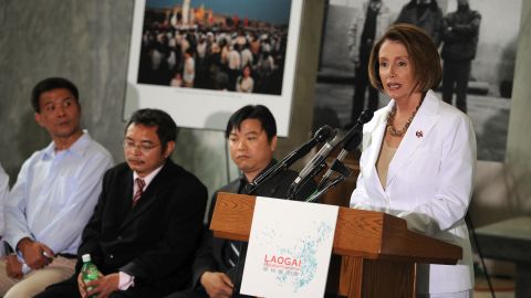In June 2009, Pelosi speaks during a news conference with Yu Zhijian, Yu Dongyue and Lu Decheng -- three men who were imprisoned for defacing a portrait of Mao Zedong during the Tiananmen Square protests in 1989. The men were reunited for the first time since their release from prison.