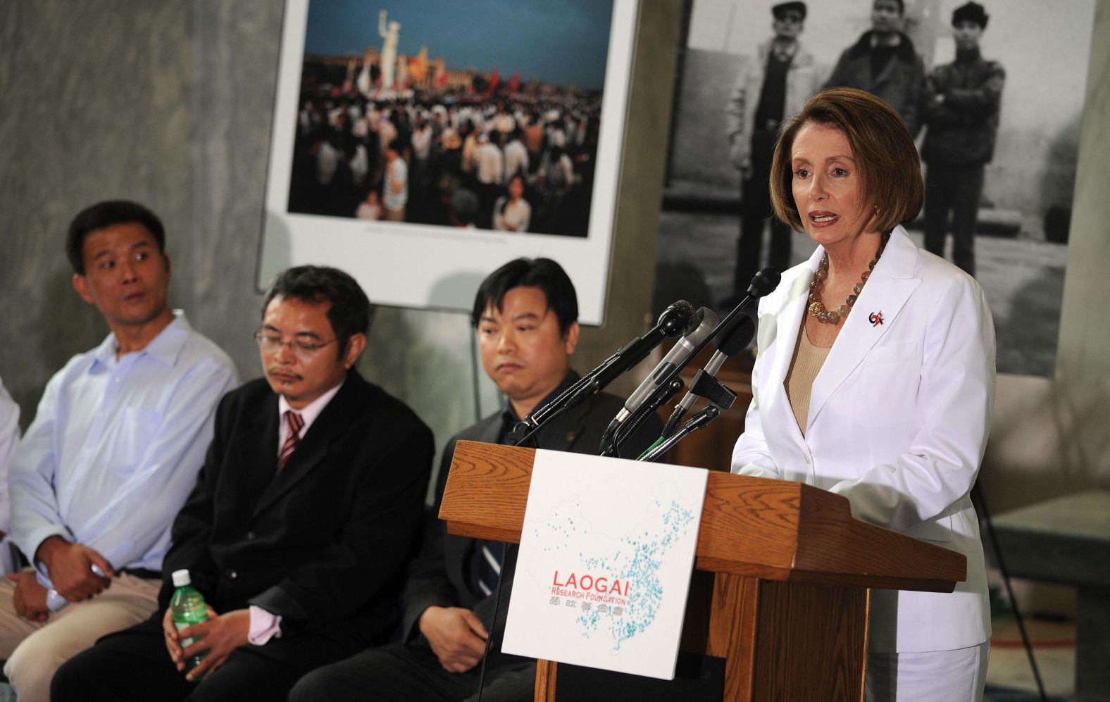 In June 2009, Pelosi speaks during a news conference with Yu Zhijian, Yu Dongyue and Lu Decheng -- three men who were imprisoned for defacing a portrait of Mao Zedong during the Tiananmen Square protests in 1989. The men were reunited for the first time since their release from prison.