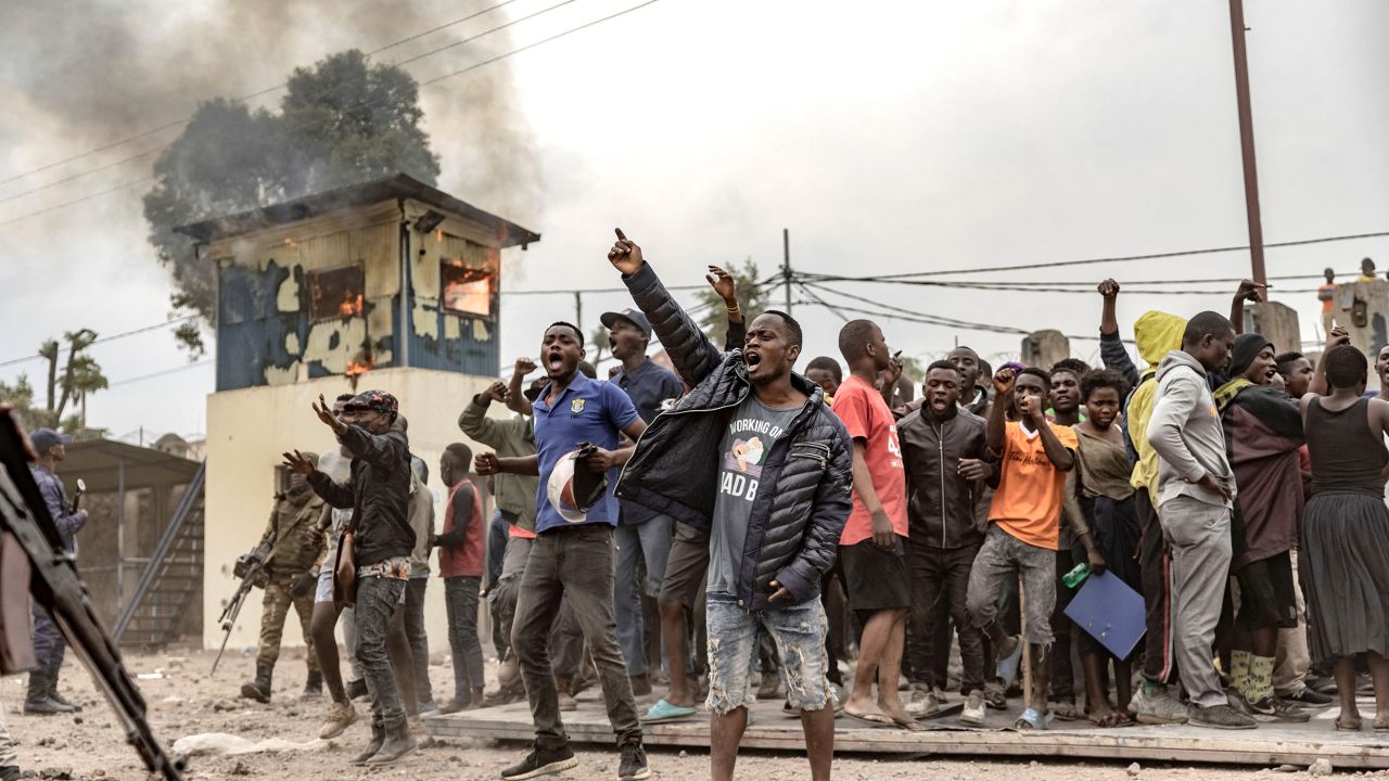 Congolese demonstrators gesture during a protest against the UN peacekeeping mission MONUSCO in Goma on July 26, 2022.