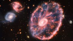 A large pink; speckled galaxy resembling a wheel with with a small; inner oval; with dusty blue in between on the right; with two smaller spiral galaxies about the same size to the left against a black background.