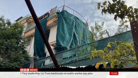 BBC footage showing the home of Ayman al-Zawahiri's family, where the missile strike took place. 