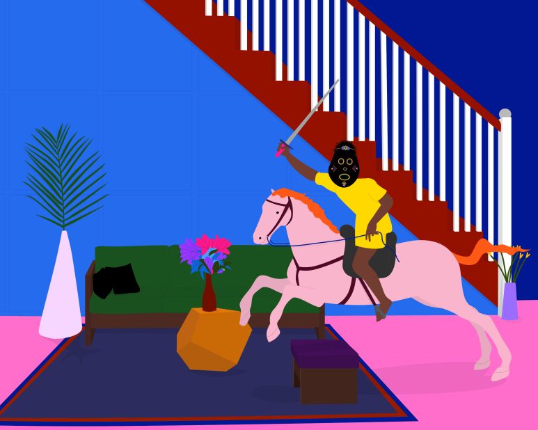In "Hide and Seek" (2018), a child wields a sword and rides a horse through a sitting room. By centering his work around the idea of the unexpected, audiences are forced to try to make sense of the work. It's an example of how Osadebe uses humor to create conversations around serious topics, like technology and spirituality.