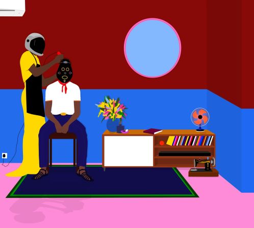 "Quick Fade" (2020) features the casual domestic scenes characteristic of Osadebe's vibrant art, which he describes as "post-pop."