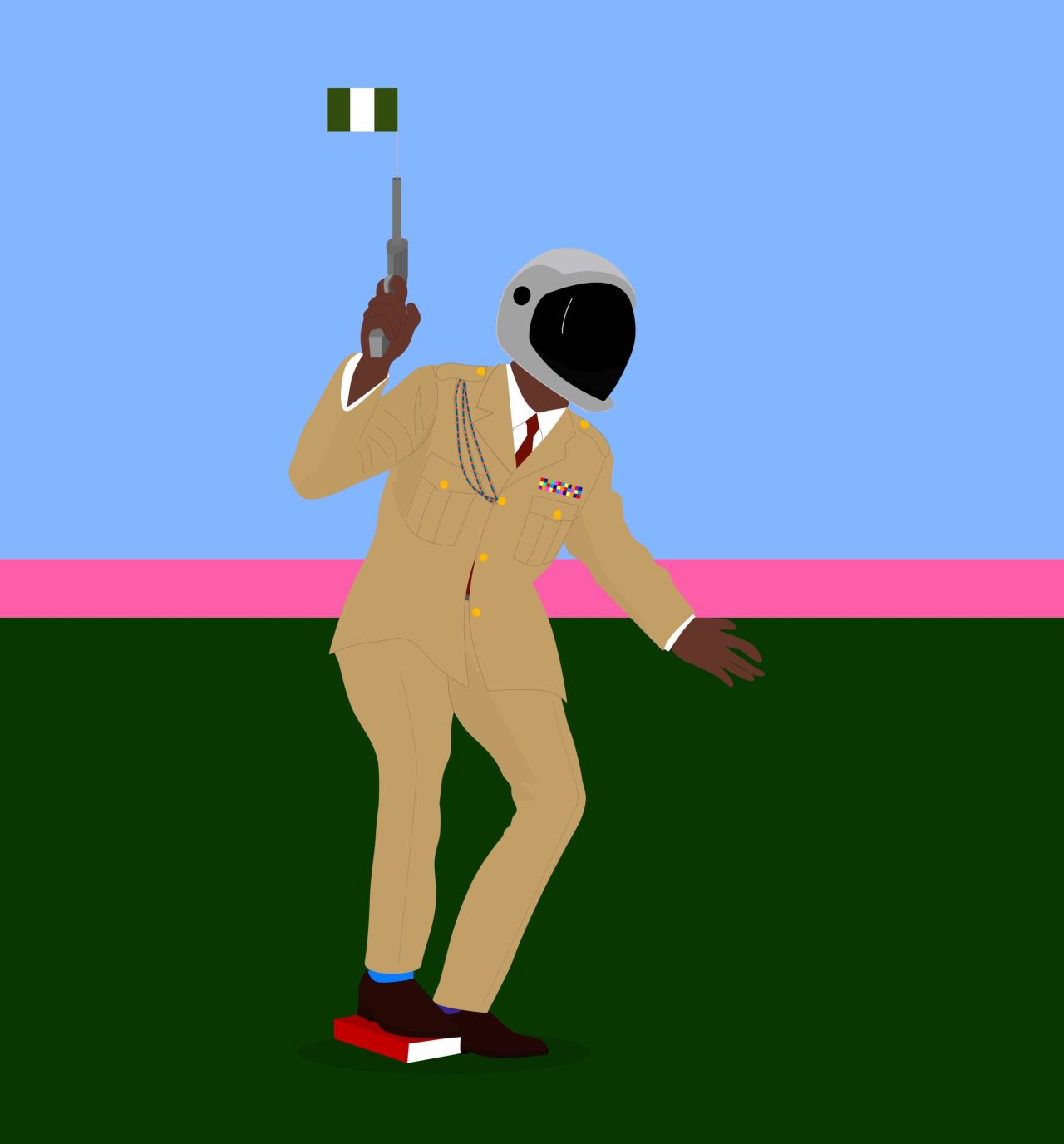 Osadebe painted "General (shoots a fake gun)" in 2019. He said the tiny Nigerian flag emerging from the barrel of the gun reflects military leaders' lack of progress on taking the country to new heights. "For the leaders, the priority has never been to empower the people," he said, adding that the book beneath the figure's foot symbolizes education taking the last priority.