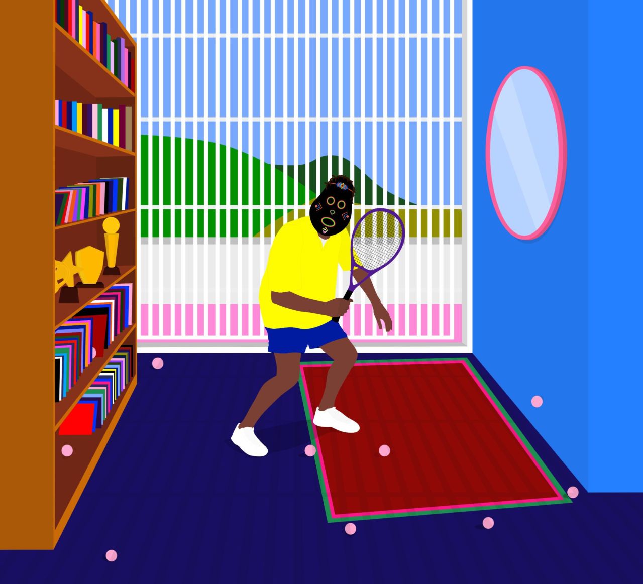 "Exercise Indoors" (2020) is part of a series of paintings Osadebe made of figures playing tennis indoors during the pandemic. He was inspired by his father, a tennis fan, trying to exercise at home.