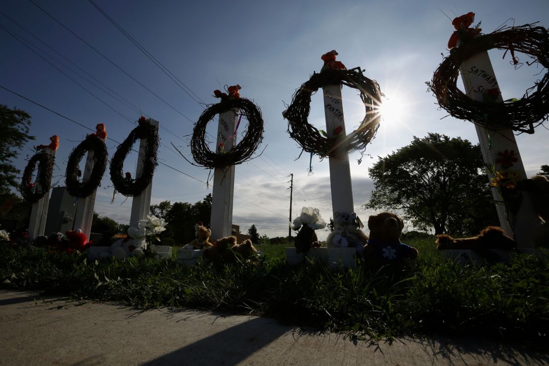 A memorial honors the six victims of the 2012 Oak Creek shooting.