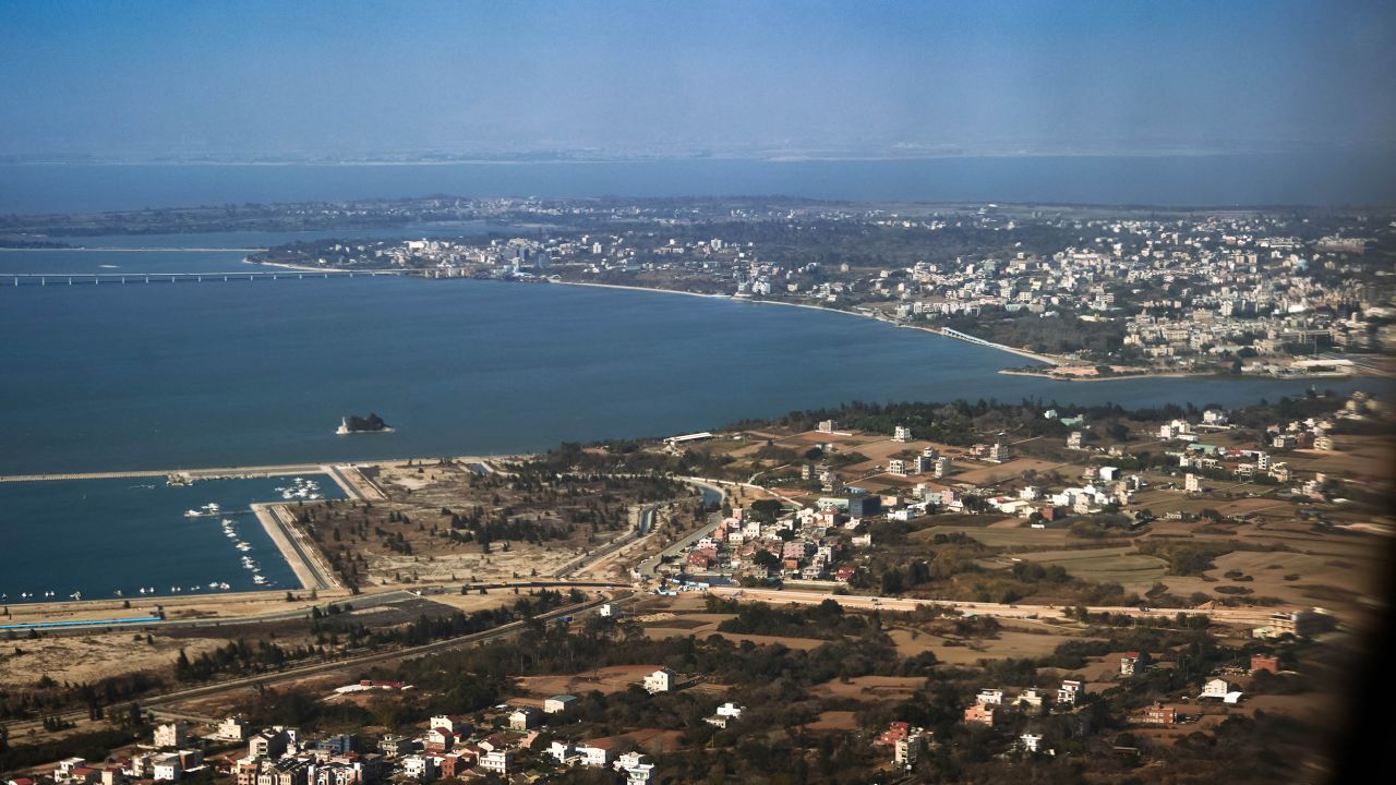 A view of the South China Sea between the city of Xiamen in China, in the far distance, and the islands of Kinmen in Taiwan, February 2, 2021.
