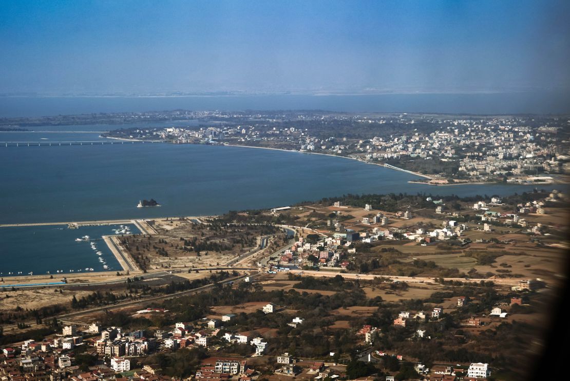 A view of the South China Sea between the city of Xiamen in China, in the far distance, and the islands of Kinmen in Taiwan, February 2, 2021.
