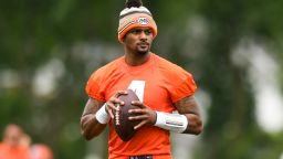 BEREA, OH - JUNE 14: Deshaun Watson #4 of the Cleveland Browns runs a drill during the Cleveland Browns mandatory minicamp at CrossCountry Mortgage Campus on June 14, 2022 in Berea, Ohio. (Photo by Nick Cammett/Diamond Images via Getty Images)