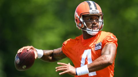 Watson throws a pass during Browns training camp.