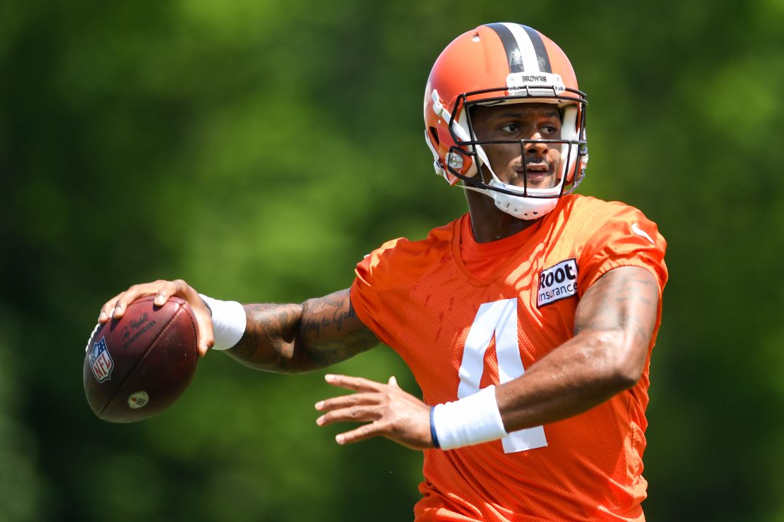 Watson throws a pass during Browns training camp.