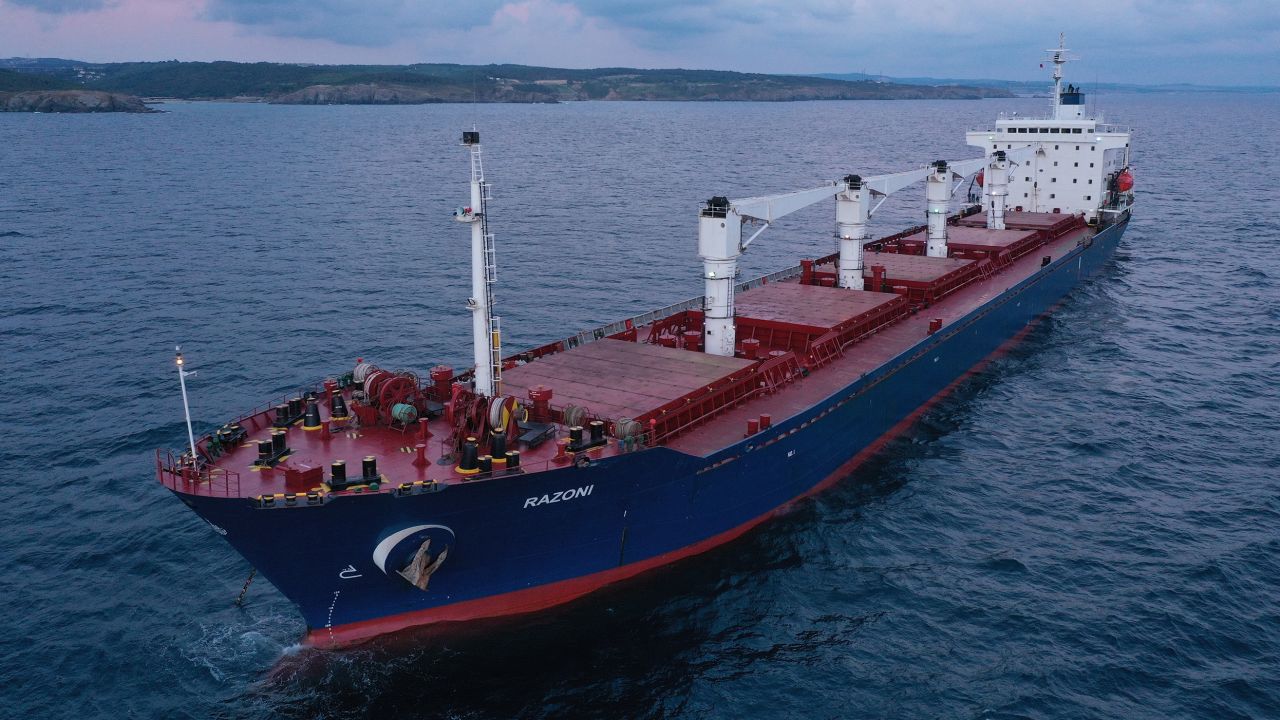 An aerial view of the Sierra Leone-flagged ship Razoni, carrying a cargo of 26,527 tons of corn from the Ukrainian port of Odesa, as it arrived at the Black Sea entrance of the Bosphorus Strait, in Istanbul, Turkey on August 3.