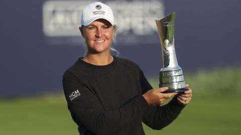 Nordqvist poses with the Open trophy after winning at Carnoustie in Scotland, 2021.