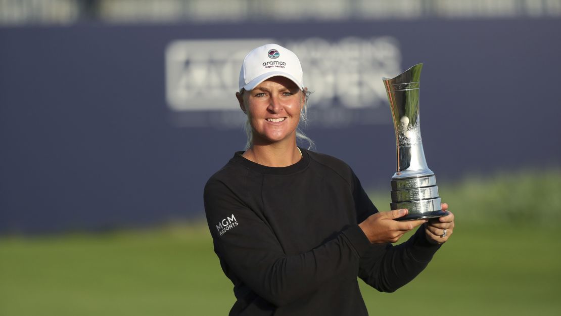 Nordqvist poses with the Open trophy after victory at Carnoustie in Scotland, 2021.