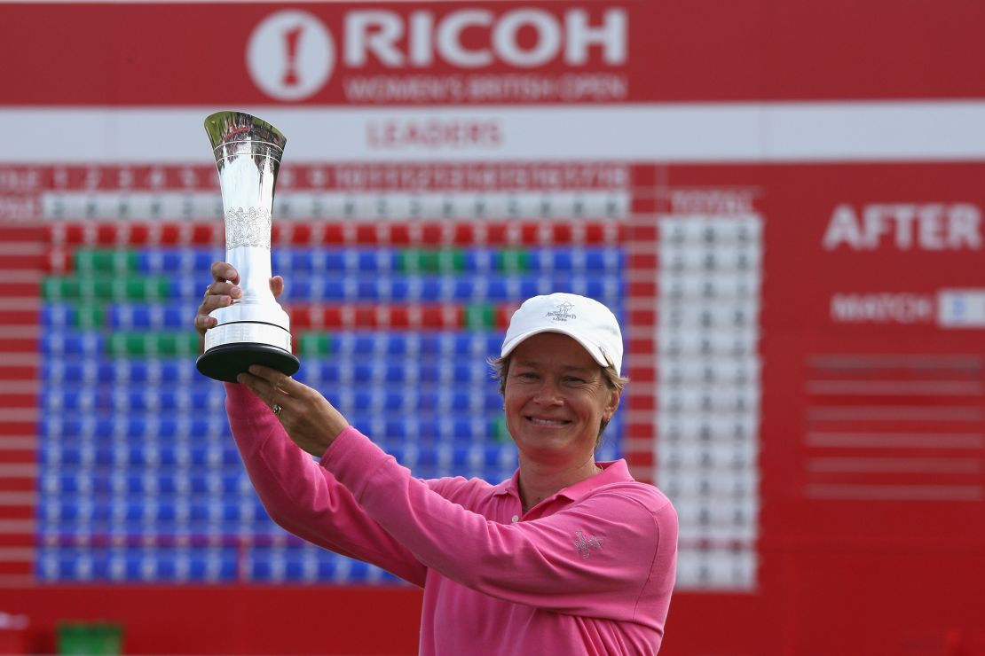 Matthew holds the trophy aloft following her Open victory at Royal Lytham St Annes Golf Club, England in 2009.