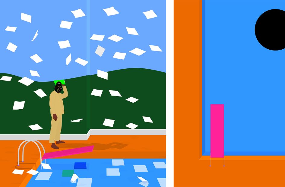 David Hockney's influence on Osadebe is evident in "Self Taught" (2022), which features bright colors and dramatic shadows.