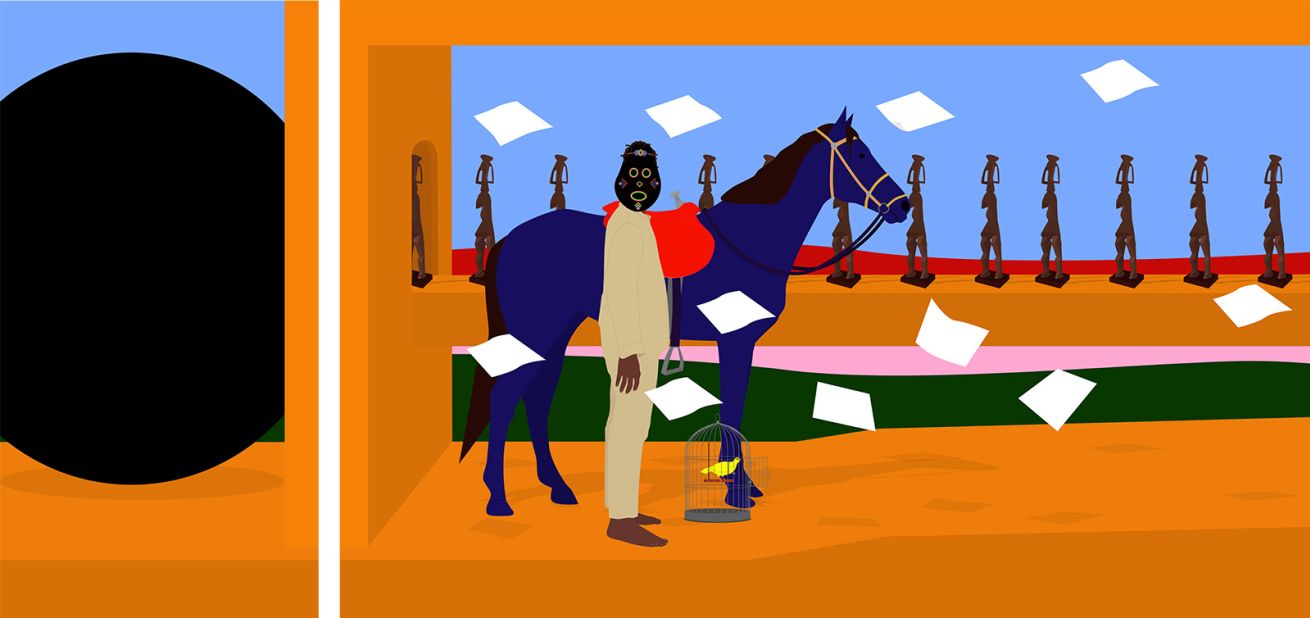 Osadebe's process begins by building a digital image around a particular feature, such as a horse. When the digital rendering is complete, he prints it on canvas and paints it using acrylic. Pictured: another painting in his 2022 series of self-portraits, "Factory Setting."