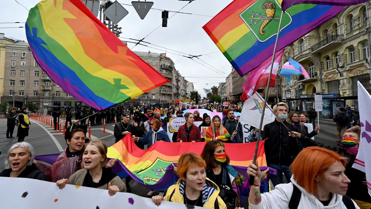 LGBTQ+ activists march in Kyiv during the city's Pride march last year.