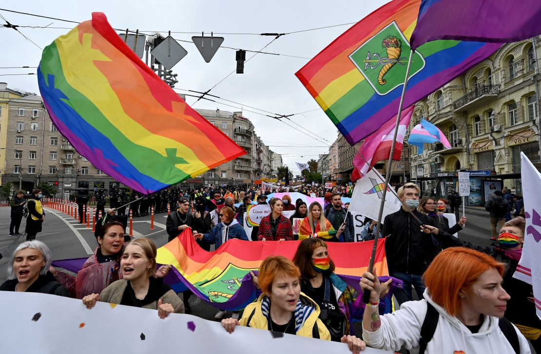 LGBTQ+ activists march in Kyiv during the city's Pride march last year.