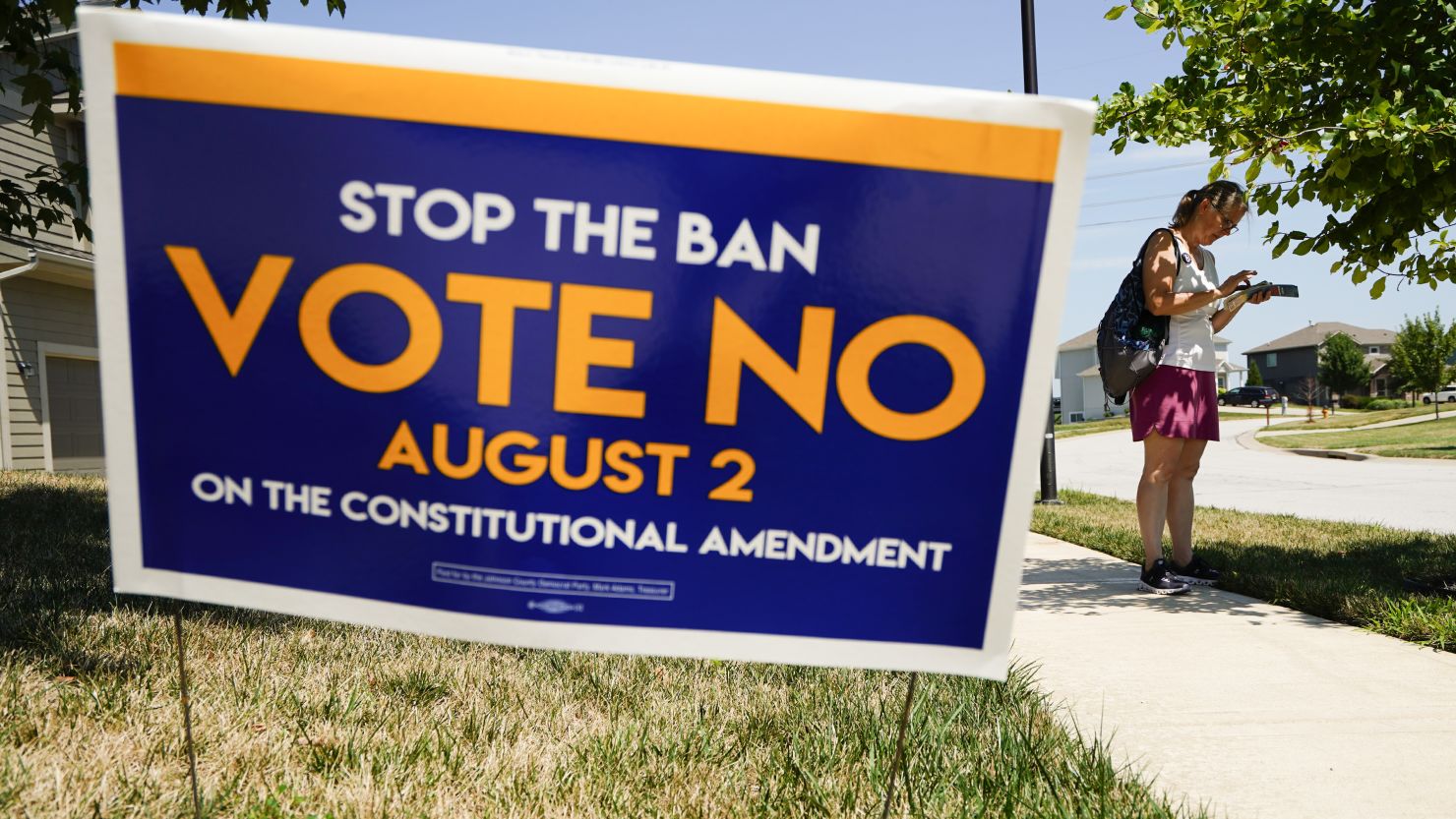 Erin Woods for the Vote No on the Constitutional Amendment on Abortion canvases a neighborhood on August 01, 2022 in Lenexa, Kansas. 