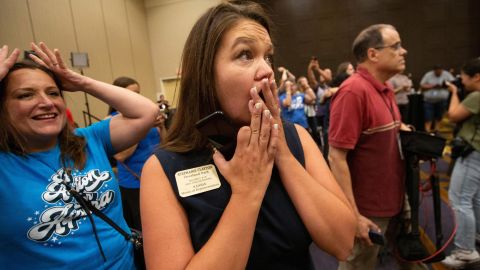 State Rep. Stephanie Clayton reacts during the Kansans for Constitutional Freedom election watch party in Overland Park, Kansas, on August 2, 2022.