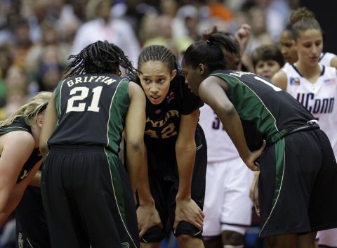 Griner huddles with teammates in a semifinal game against Connecticut in the Final Four of the NCAA women's college basketball tournament in April 2010 in San Antonio. 