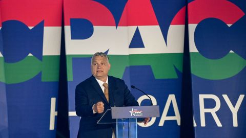 Hungarian Prime Minister Viktor Orban addresses a keynote speech during an extraordinary session of the Conservative Political Action Conference at the Balna cultural centre of Budapest, Hungary on May 19, 2022.
