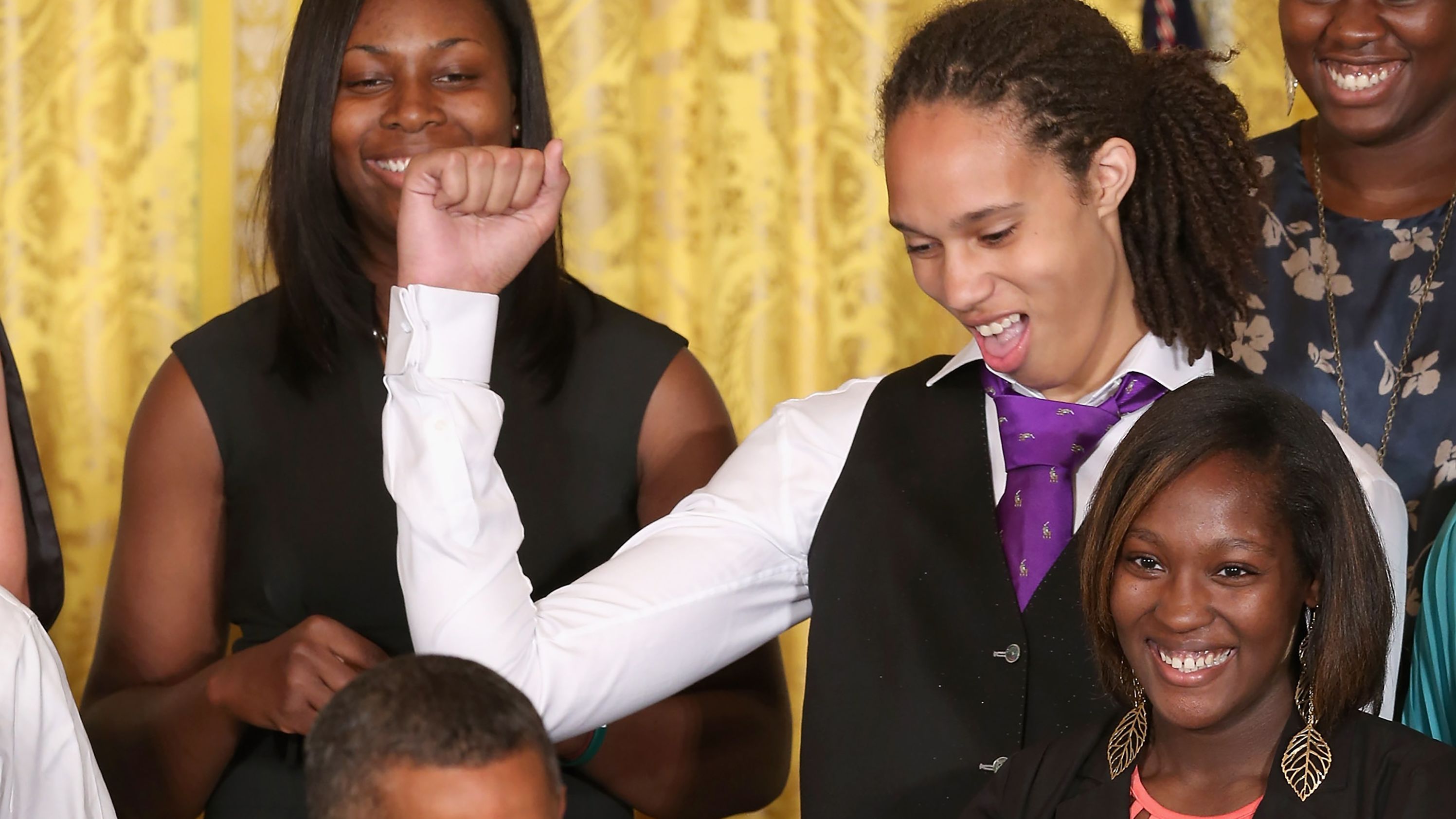 Griner pumps her fist as President Barack Obama talks about her basketball skills in 2012. The Baylor team was visiting the White House.