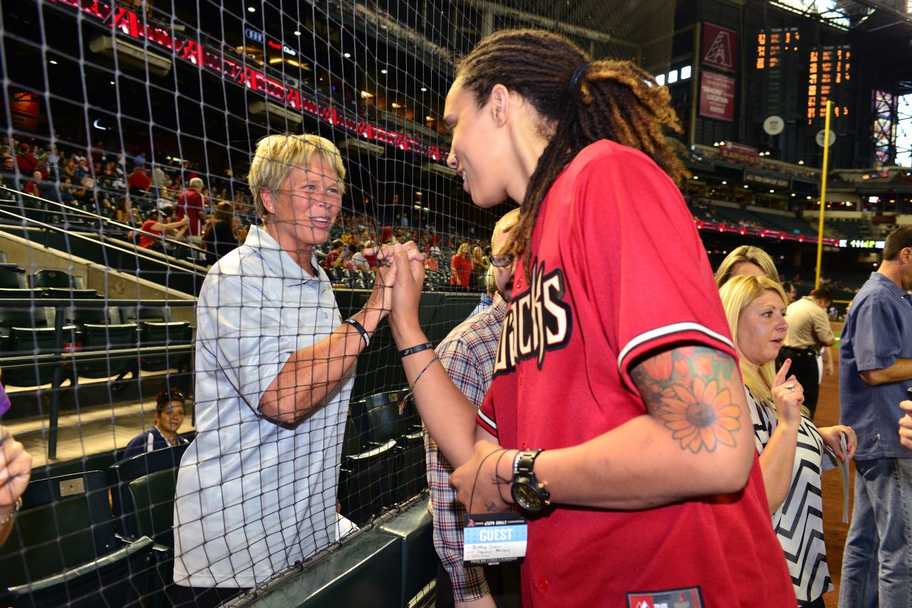 Griner talks with a fan at Chase Field in Phoenix in 2014. Griner was throwing out the ceremonial first pitch for the Arizona Diamondbacks.