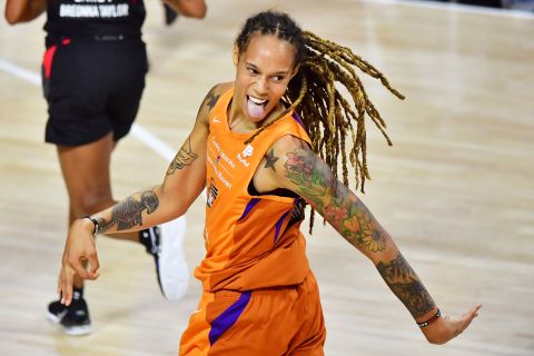 Griner reacts after a 3-point basket during game against the Atlanta Dream in August 2020.