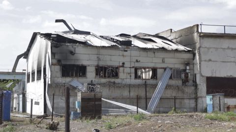 A destroyed barrack at a prison in Olenivka.
