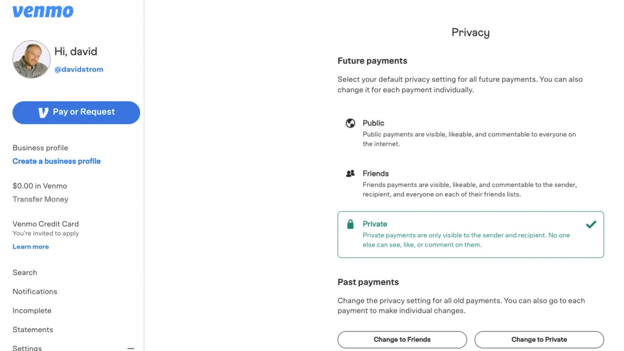 Venmo gives you 3 data privacy choices: Public, Friends and Private. If you are concerned about having all of your transactions in public, then you should set it as indicated to Private.