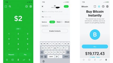 (left to right): Cash App's green Main Payments screen is where you type in your amount and then choose whether to request or pay someone. Then you get the middle screen, which shows your account and where you type in your recipient. The third screen is where you can purchase Bitcoin.