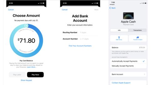 (left to right): If you have an Apple credit card, then this is the screen you use to make your monthly payment. You can add a bank account using the middle screen. The next screen shows where you set up your Apple Cash and let your phone accept payments to your account.