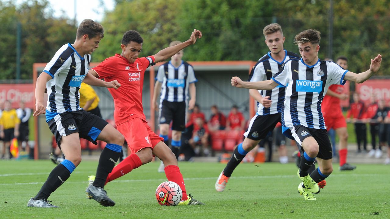 Alexander-Arnold has a shot on goal during the Liverpool vs. Newcastle United U18 Premier League game on September 26, 2015.