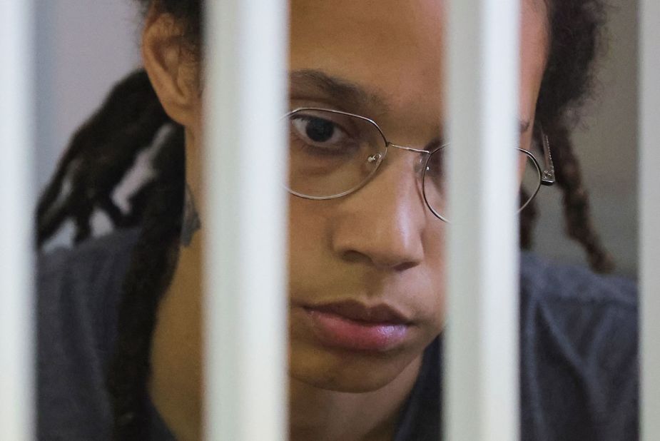 Griner sits inside a defendants' cage in August 2022 before she was sentenced to nine years of jail time.