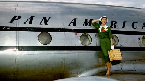 CIRCA 1947: A model poses as a passenger walking off the Pan American Clipper "Challenge" Lockheed 1049 airliner circa 1947. (Photo by Ivan Dmitri/Michael Ochs Archives/Getty Images)