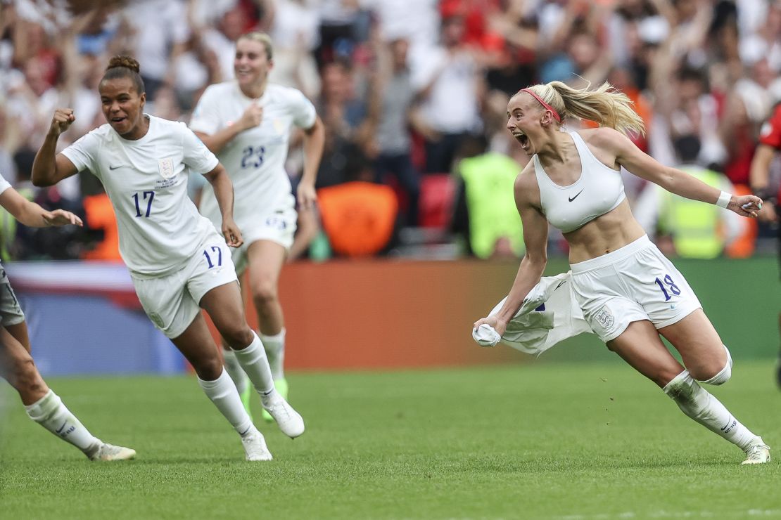 Kelly celebrating the winning goal at the UEFA Women's Euro 2022 final match between England and Germany.