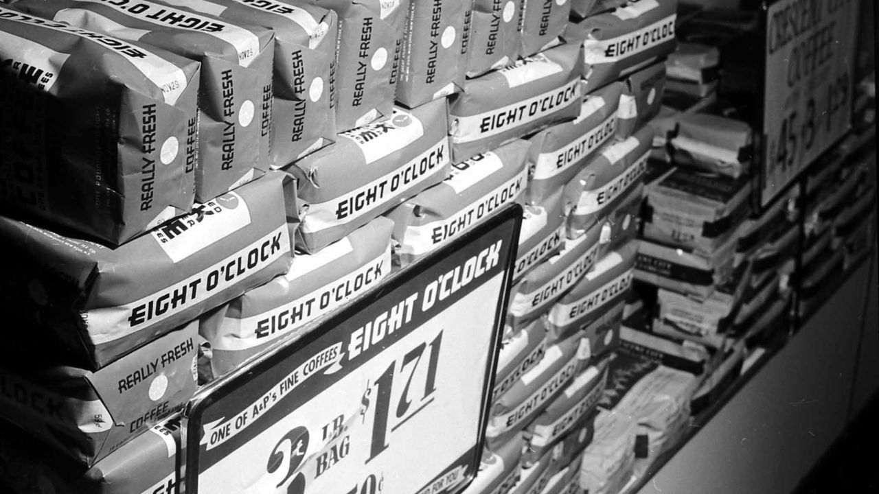 Eight O'Clock Coffee sold at The Great Atlantic And Pacific Tea Company (A&P) in 1949.