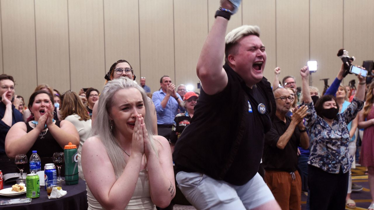 Abortion rights supporters react at a watch party in Overland Park, Kansas, on August 2, 2022, as an anti-abortion ballot measures loses.
