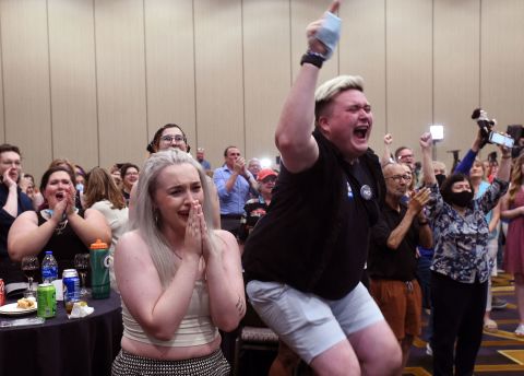 Supporters of abortion rights celebrate in Overland Park, Kansas, on Tuesday, August 2, after <a href="https://www.cnn.com/2022/08/02/politics/arizona-michigan-missouri-primary-election-takeaways/index.html" target="_blank">voters elected to maintain the right to an abortion</a> in their state's constitution. Kansas is the first state in the nation to let voters weigh in on abortion since the Supreme Court overturned Roe v. Wade.