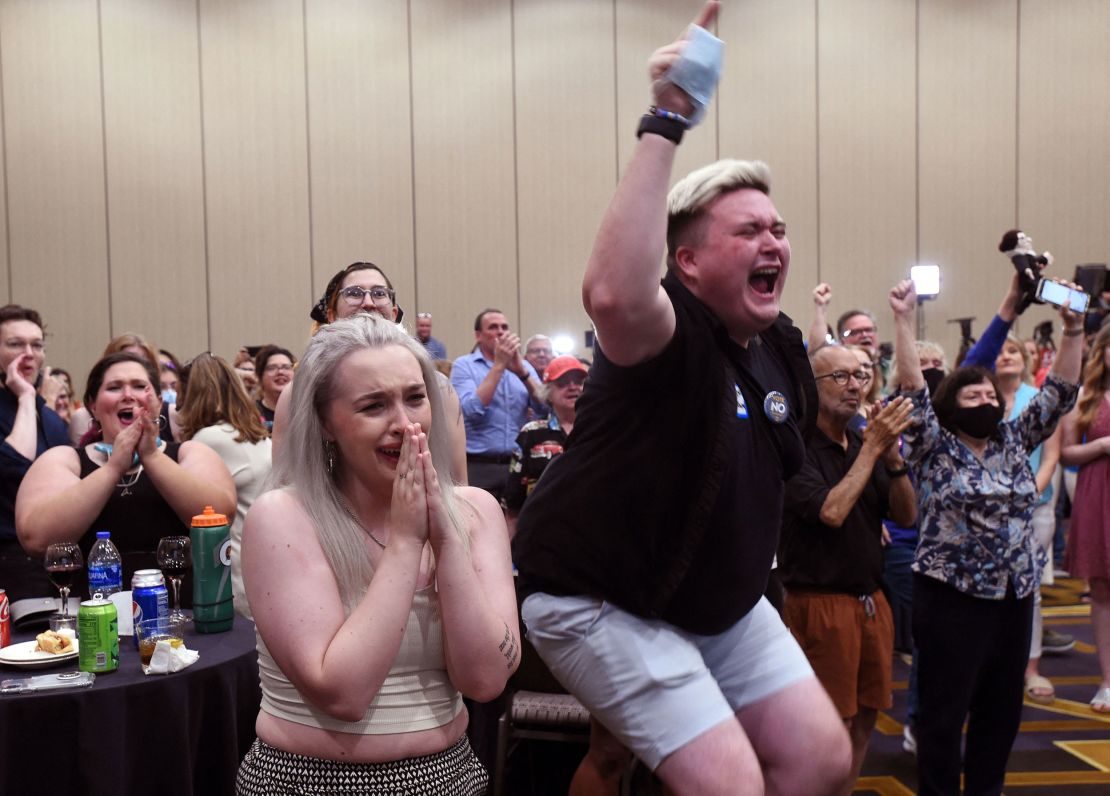 Abortion rights supporters react at a watch party in Overland Park, Kansas, on August 2, 2022, as an anti-abortion ballot measures loses.