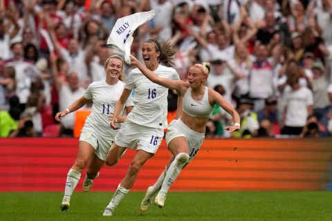 England's Chloe Kelly celebrates Sunday, July 31, after scoring what turned out to be the match-winning goal in the final of the <a href="https://www.cnn.com/2022/07/31/football/england-wins-euro-2022-germany-spt-intl/index.html" target="_blank">Euro 2022 soccer tournament.</a> Kelly's goal in the 110th minute broke a 1-1 tie, and England held on to win 2-1 at Wembley Stadium in London.