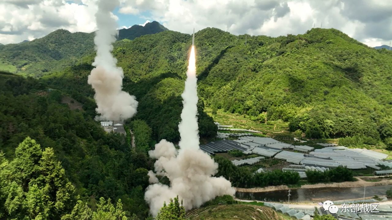 The rocket force of China's People's Liberation Army conducts missile tests into the waters off the eastern coast of Taiwan on August 4.