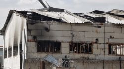 In this photo taken from video a view of a destroyed barrack at a prison in Olenivka, in an area controlled by Russian-backed separatist forces, eastern Ukraine, Friday, July 29, 2022. Russia and Ukraine accused each other Friday of shelling a prison in a separatist region of eastern Ukraine, an attack that reportedly killed dozens of Ukrainian military prisoners who were captured after the fall of a southern port city of Mariupol in May.