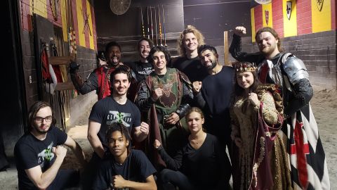 Monica Garza and fellow Medieval Times workers after a union vote succeeded in Lyndhurst, NJ, on July 15.